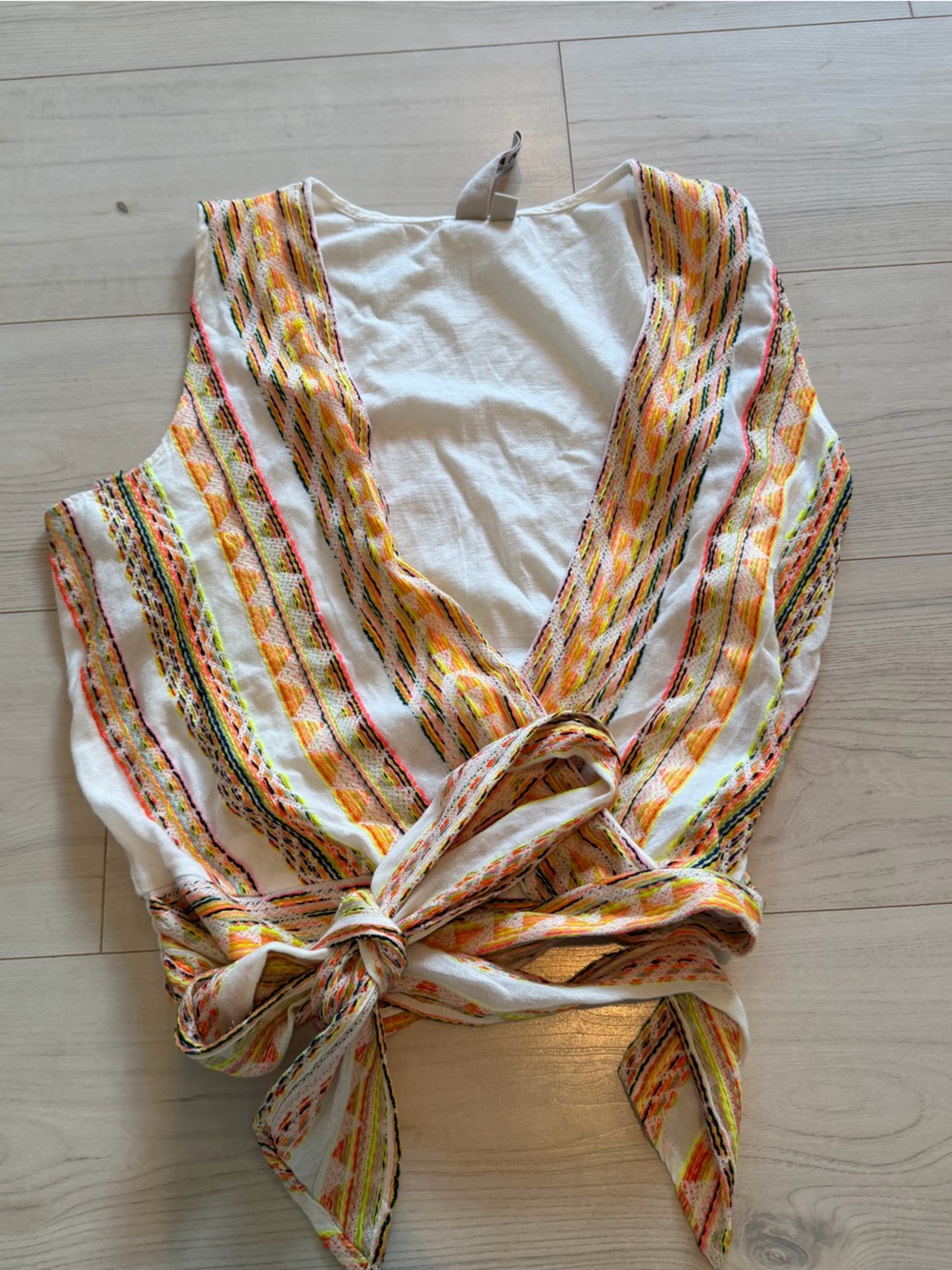 Anthropologie Dolan White Wrap Tie-Front Tank with Yellow & Orange Accent